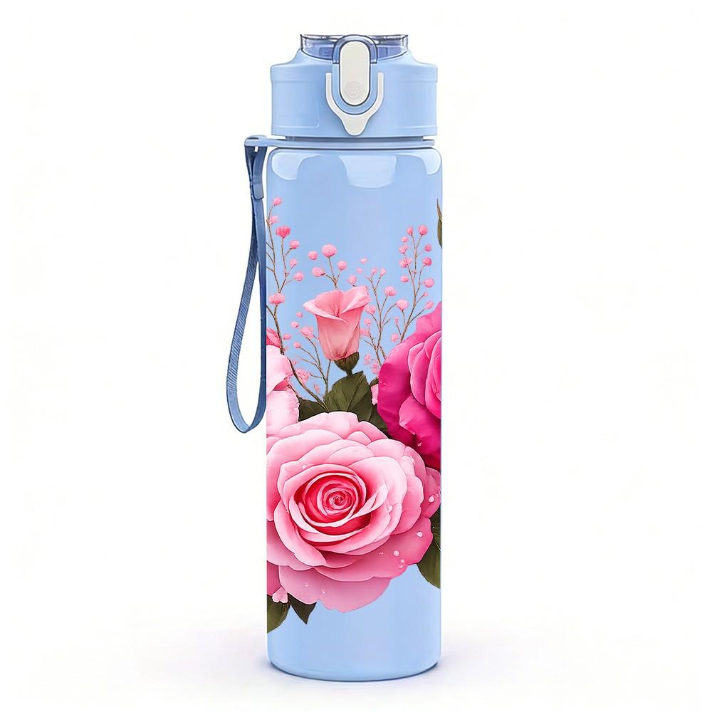 1PC Pink Rose Flower Bouquet 750ml Color Plastic Sports Water Bottle Leakproof Flip Straw Lid Suitable for Sports Office Home Use