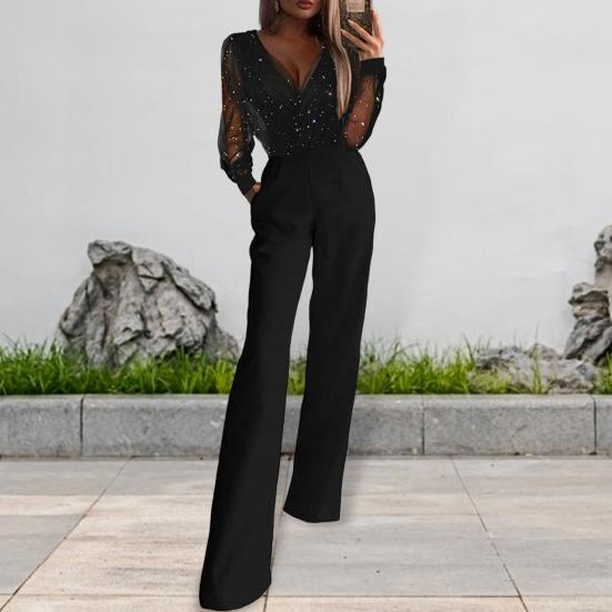 Women Jumpsuit See-through Mesh Patchwork High Waist with Pockets Wide Leg V Neck Prom Party Formal Banquet Jumpsuit