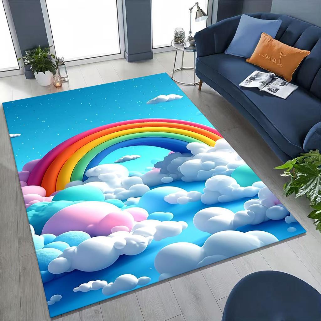 Colorful Rainbow Clouds Dream Sky Cartoon Rug for Bedroom Living Room Sofa Home Doormat Decor, Large Kid Play Non-slip Floor Mat