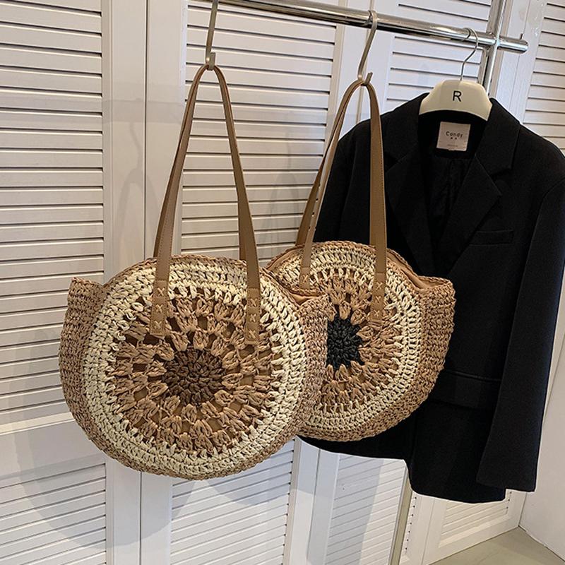 Yogodlns Летняя пляжная полая соломенная женская сумка на плечо, винтажная сумка с верхней ручкой, большая вместительная сумка из ротанга