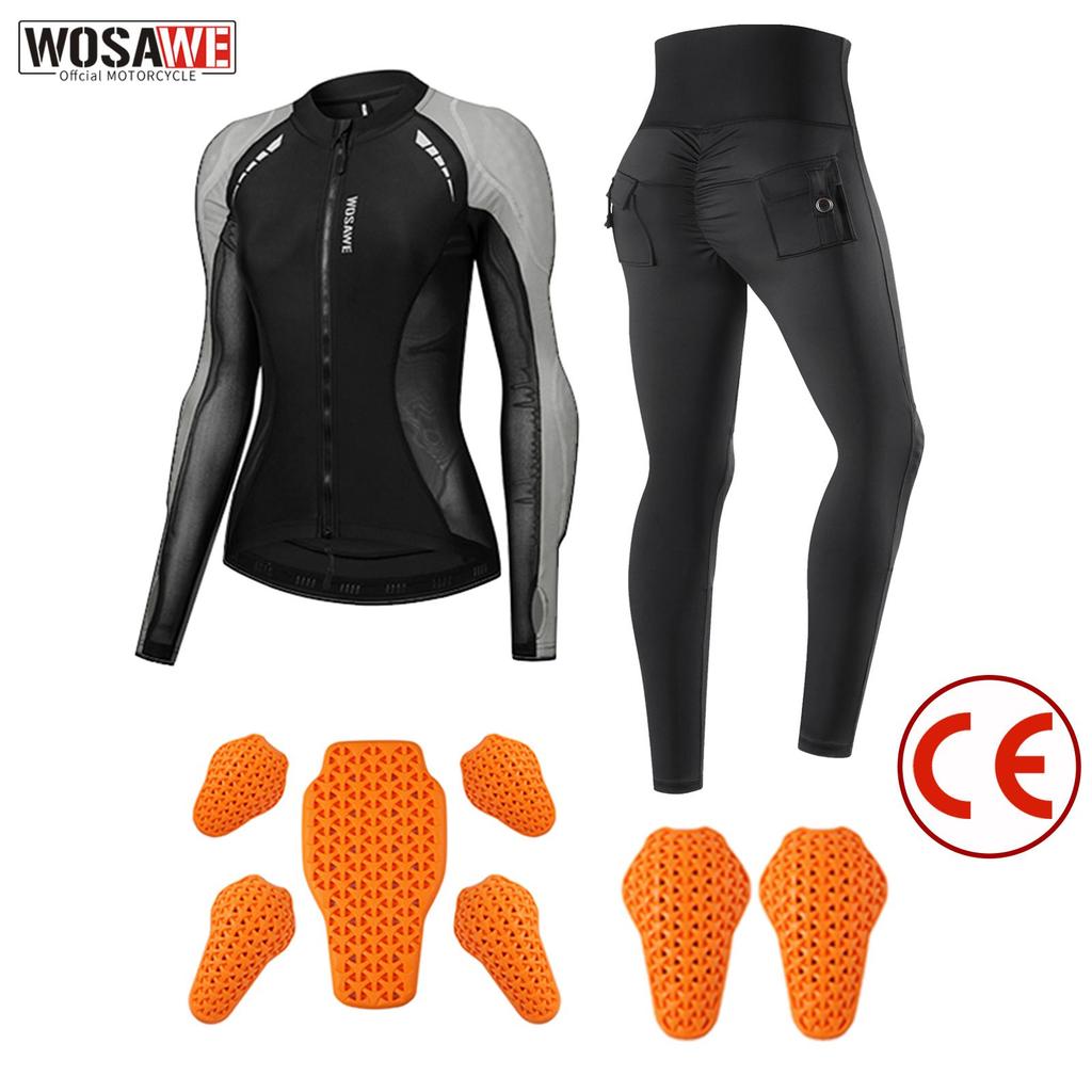 Wosawe Women Motocross High Stretch Breathable CE Certified Removable Soft Gaiter Slimming Top High Waist Riding Pants Motorcycle Rider Soft Armor Set
