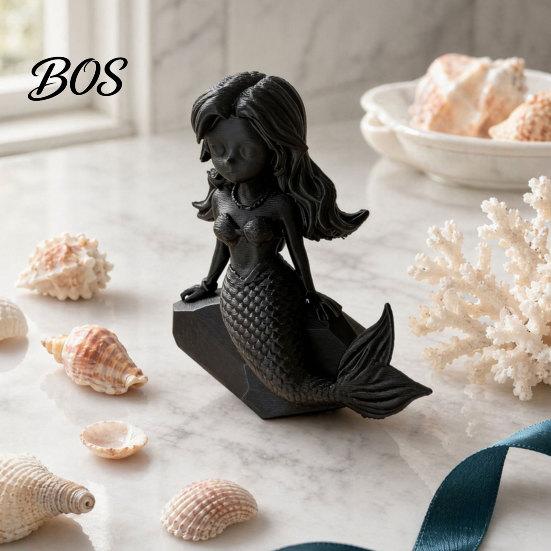 Fade-resistant Home Ornament 3D Printed Mermaid Action Figure, Dark Gothic Style Figurine with Matte Black Finish, Movable Joints Wavy Hair