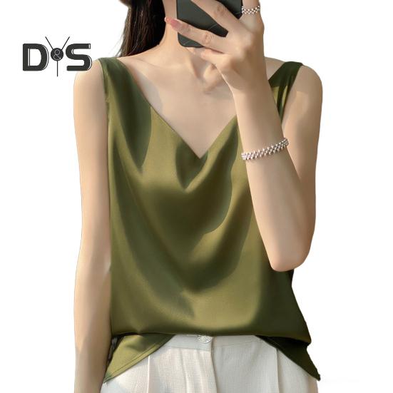 Женский жилет с V-образным вырезом без рукавов, однотонные топы свободного кроя из гладкого атласа, универсальная повседневная одежда