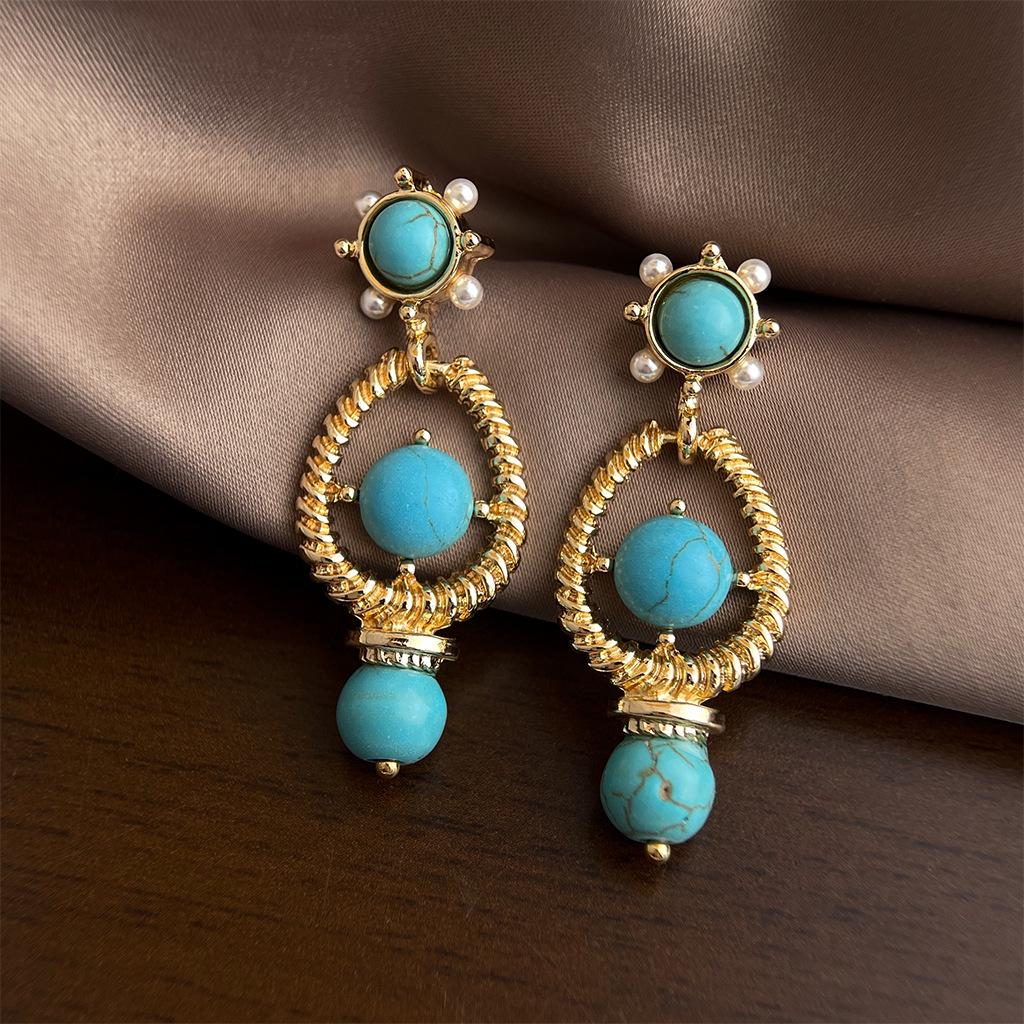 Винтажные Геометрические Серьги с Бирюзой, Жемчугом и Серебряной Иглой - Ретро Высококлассная Роскошь