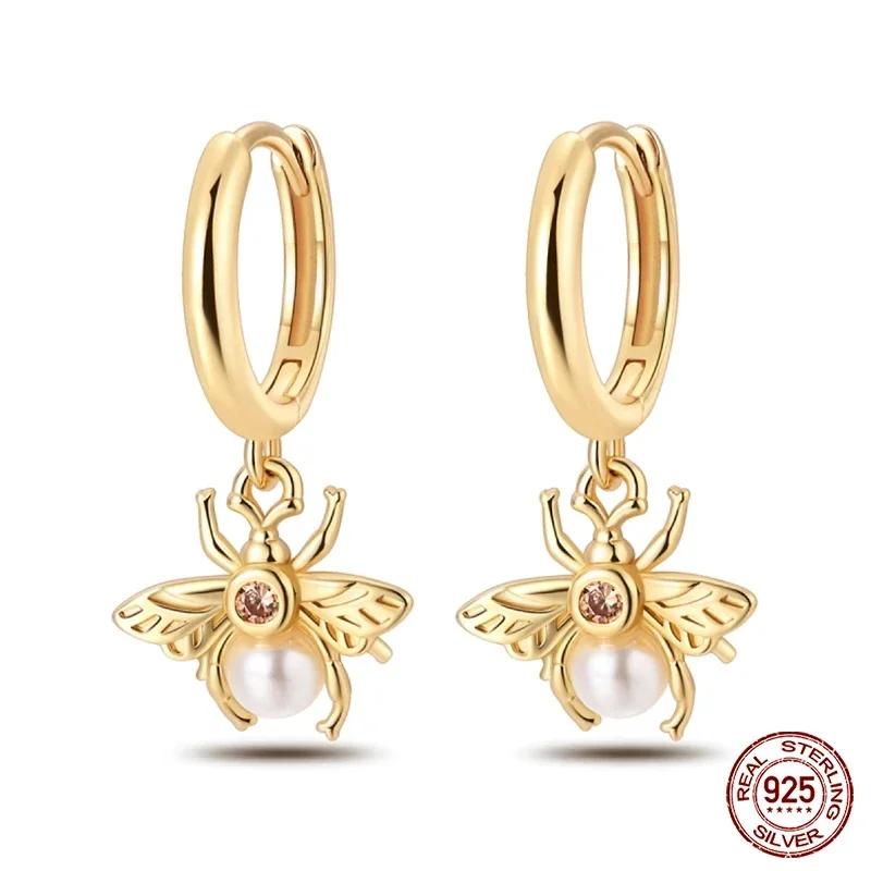 925 Silver Gold Star Moon Bee Pendant Golden Earrings for Women Sparkling Zircon Luxury Wedding Engagement Jewelry Gift