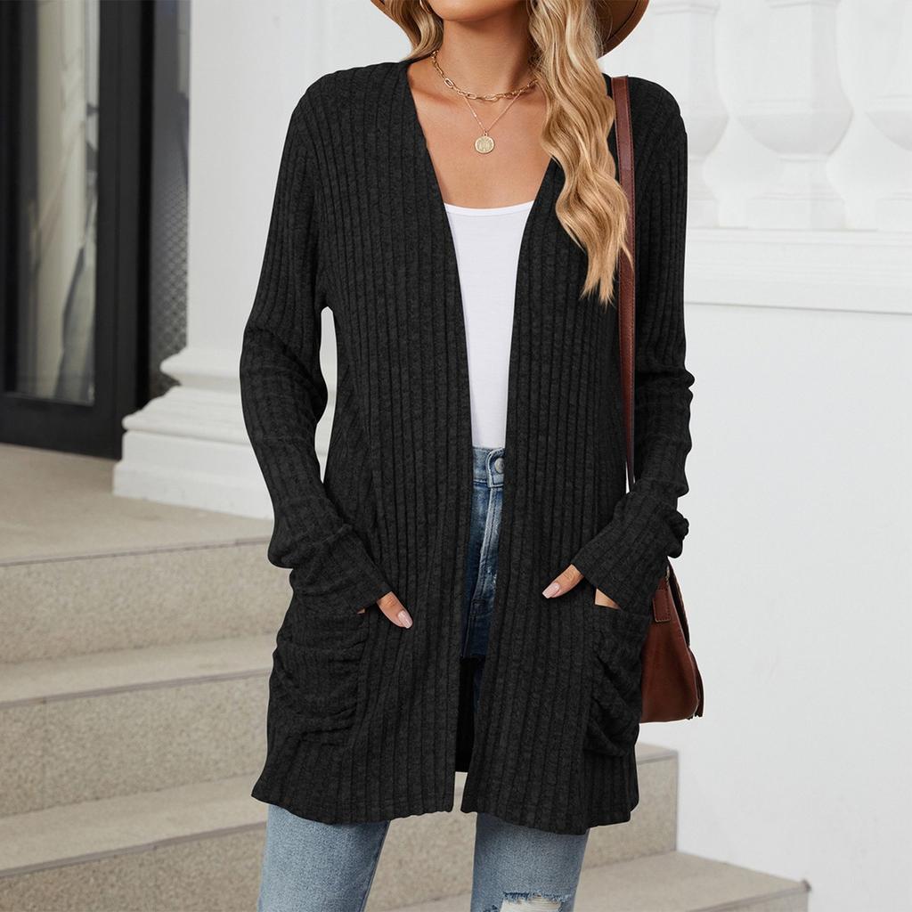 Женская модная повседневная однотонная куртка-кардиган с карманами и длинными рукавами