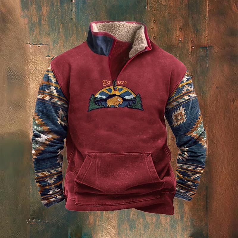 Мужская флисовая куртка в стиле вестерн, ковбойский свитер с принтом головы быка, застежка-молния на 1/4, воротник-стойка, длинный рукав, толстовки в деревенском стиле, пальто-пуловеры