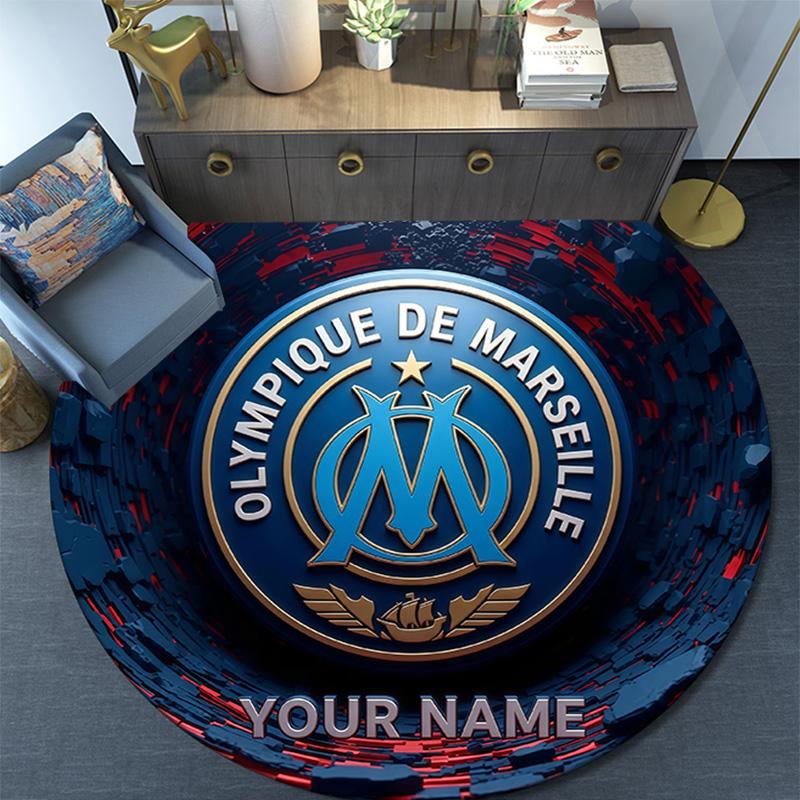 Custom Name Olympique de Marseille Round Area Rug,Carpet Rug for Living Room Bedroom Sofa Playroom Decor,Non-slip Floor Mat