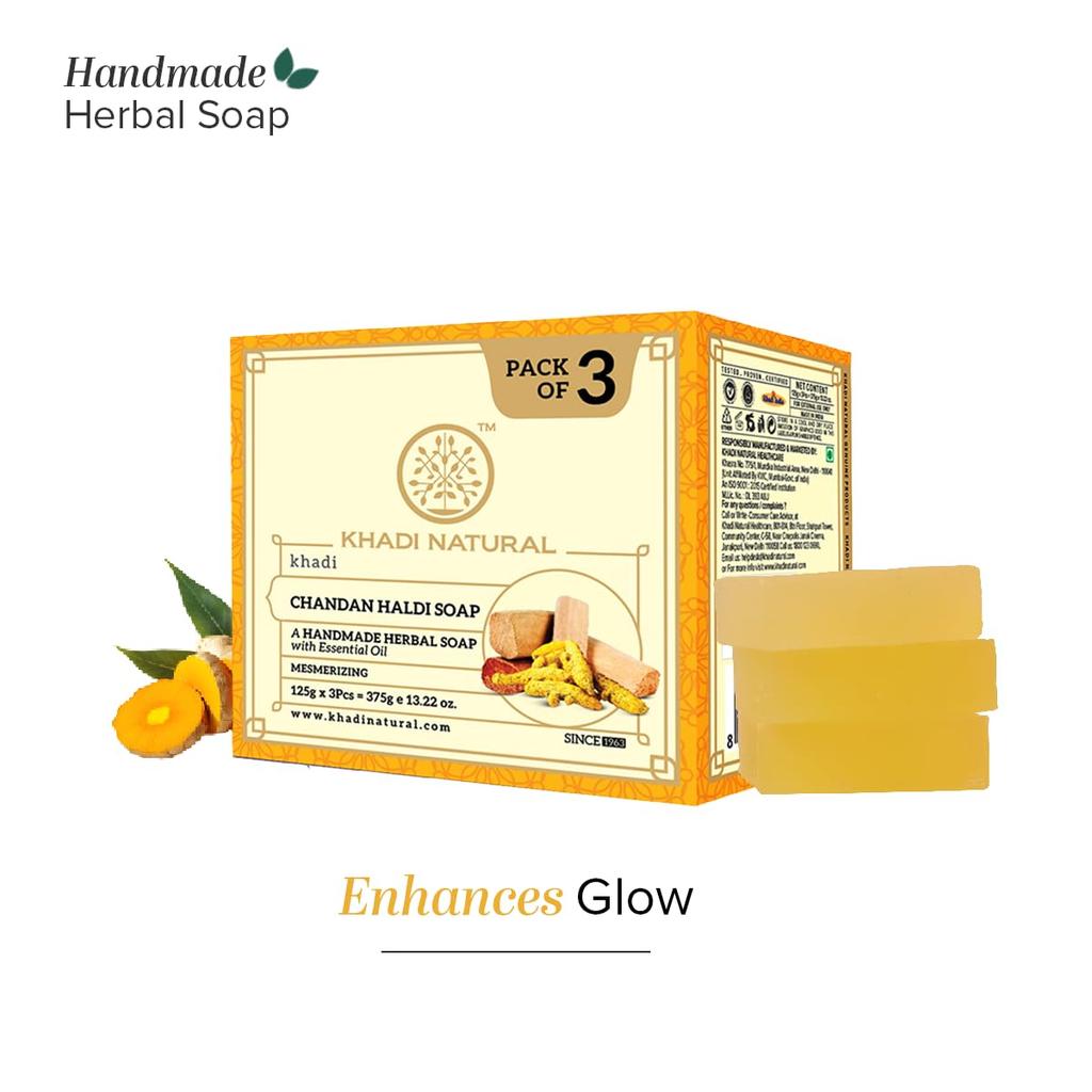Khadi Natural Chandan Haldi Herbal Bath Soap Bars With Essential Oils Gentle Cleansing Bathing Bar For All Skin Types Pack of 1 ( (125g x 3pcs)