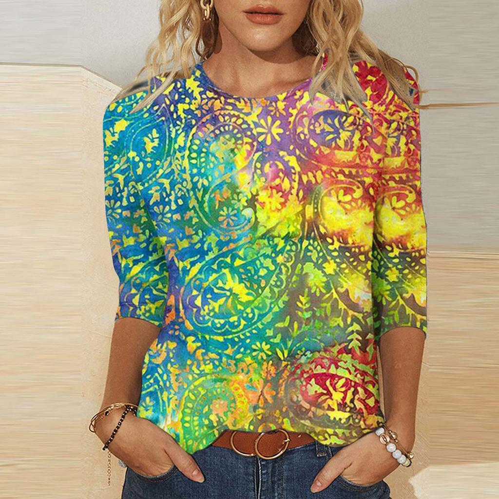 Круглый вырез с 3D-цветком и бабочкой, геометрические узоры, напечатанные на топе, модные повседневные женские футболки с длинными рукавами