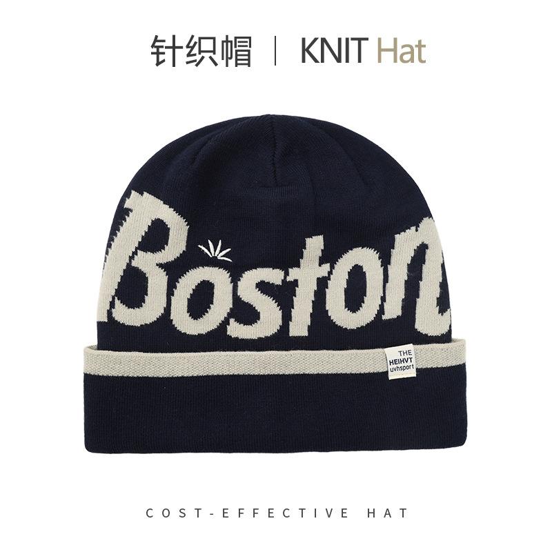 Fashion knitted hats men's and women's autumn and winter warm ear protection letter cold hat outdoor versatile big head circumference wool hat