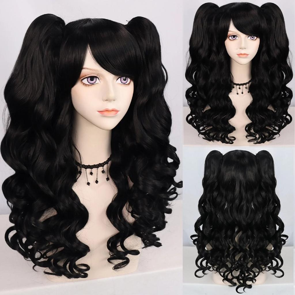 Парик для косплея Синтетический длинный цветной вьющийся парик для косплея Лолиты для девочек с двойными хвостиками и 1 шапочкой для парика