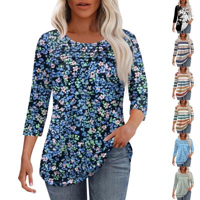 Женская мода круглый вырез горловины плиссированная передняя планка топ рукав 3/4