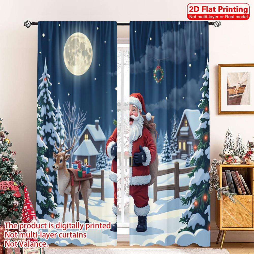 2pcs 2D Flat Printing Christmas Window Curtains Santa Claus Reindeer Snow Christmas Fabric Without Electricity Birthday Party