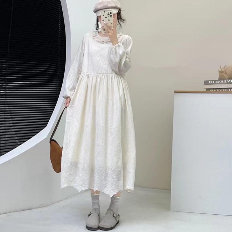 Johnature Forest Jacquard Dress Autumn Winter Japanese Loose Versatile Dresses