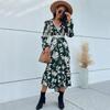 Женское весеннее платье с V-образным вырезом и рюшами и длинными рукавами с нерегулярным принтом и цветочным принтом