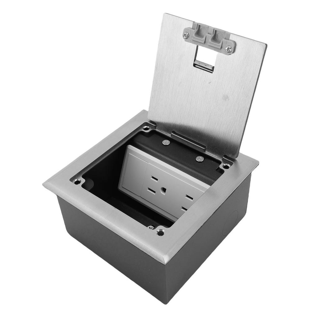 Recessed Floor Socket Double 3 Prong Outlets Electrical Receptacle Stainless Steel Box Kit Silver