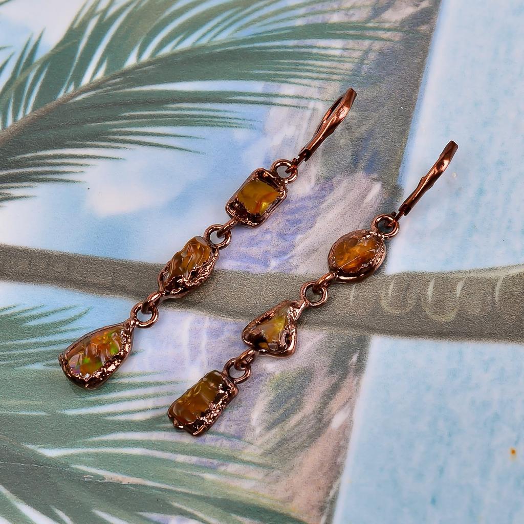 Ethiopian Opal Stone Copper Wife Gift Electroformed Dangle Drop Earrings Jewelry V-102