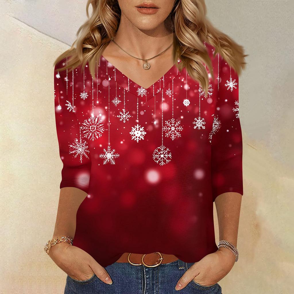 Women's T Shirt CHristmas Print 3/4 Sleeve Daily Weekend Fashion Basic V- Neck Regular Top