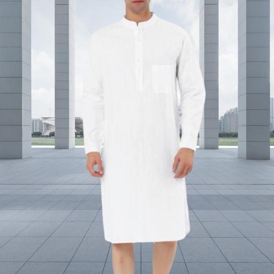 Мужская рубашка, халат с длинным рукавом и воротником-стойкой, накладной карман, полуоднобортный однобортный однотонный мужской топ до колена на весну и осень