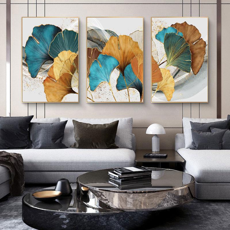Nordic Blue Gold Plant Leaf Poster Ginkgo Leaves Abstract Canvas Print Wall Art Painting Picture Living Room Modern Decoration