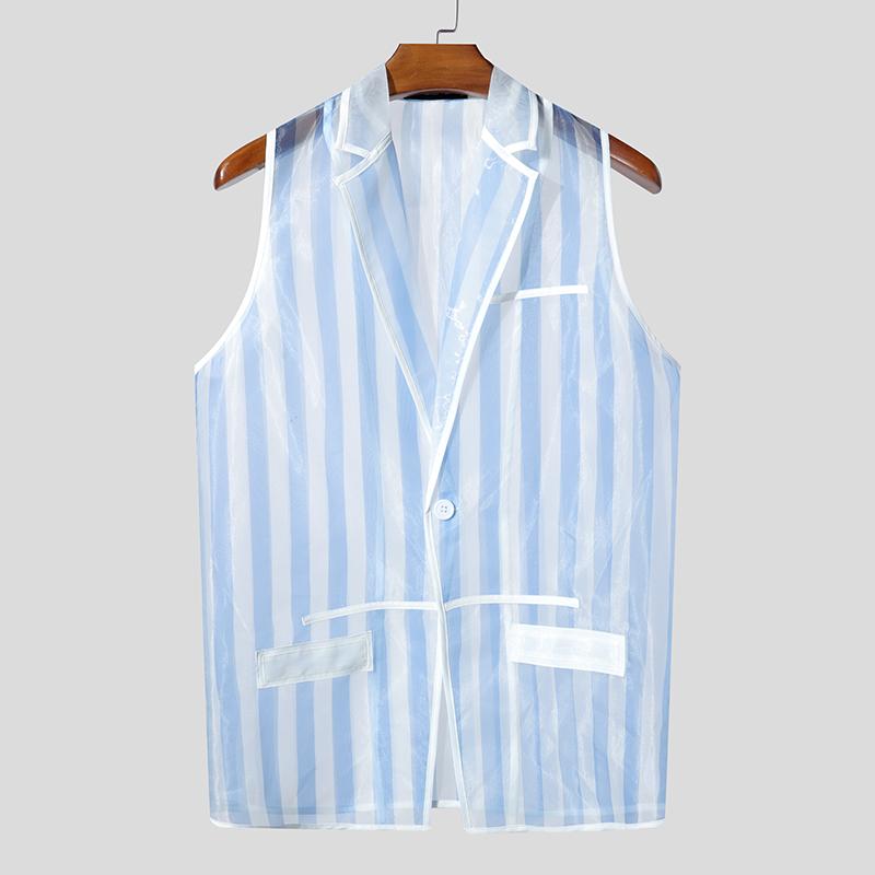 INCERUN Men Lapel Sleeveless Buttons Striped Transparent Mesh Sheer Waistcoats