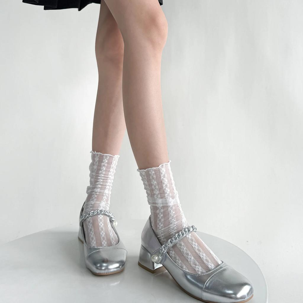 Черно-белые носки женские, сетчатые, тонкие, дышащие, летние, свободные, длинные носки, милые, для девочек, в стиле Лолиты, милые, кружевные, с цветочным принтом