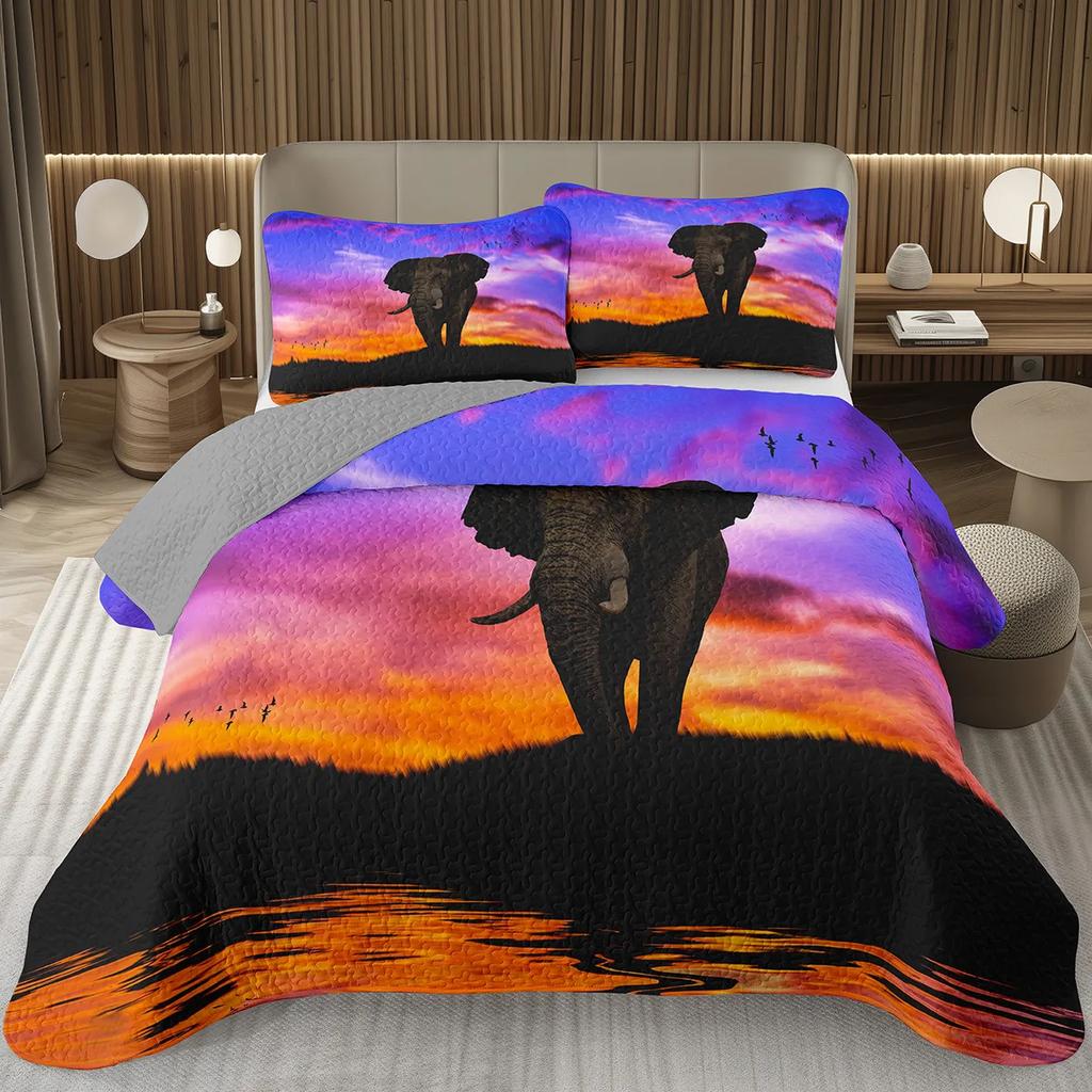 Elephant Bedspread Twin Queen King Size African Safari Animal Theme Quilt Set Jungle Wildlife Coverlet Set with 1/2 Pillowcase
