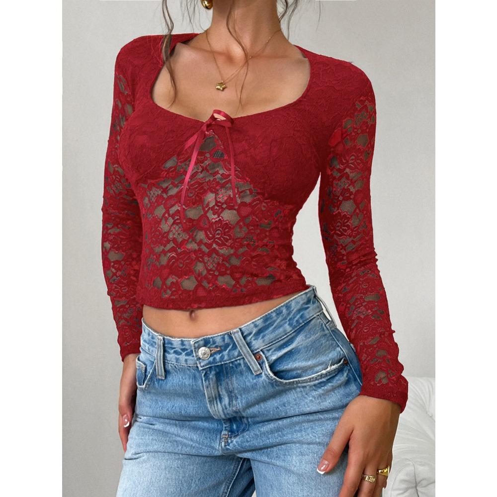 Женские топы весна-лето новая сексуальная ветровая рубашка тонкая ажурная футболка с длинными рукавами кружевная рубашка блузка