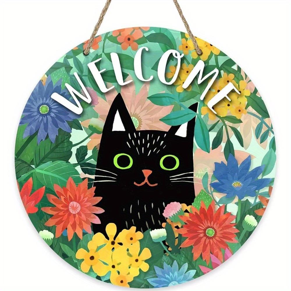 1 шт. 2d плоская круглая деревянная доска с надписью Deroro Welcome Black Cat Floral Season Sign - 20 см для улицы, крыльца, фермерского дома, дома, настенного декора