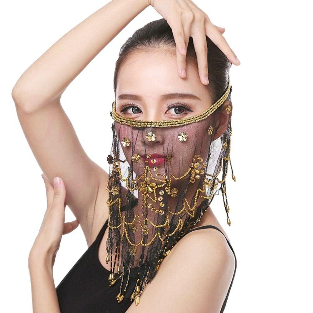 Party with Beaded Face Veil Belly Dancing Veils Indian Belly Dance Veil Costumes Mesh Face Veil