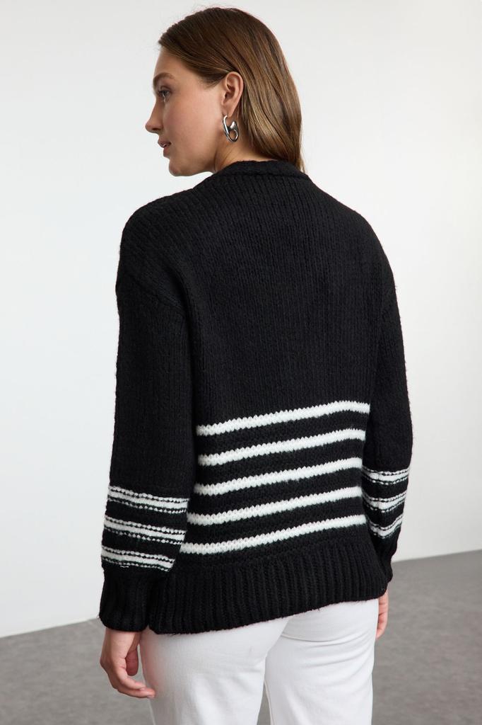 Women's Elegance Style Cardigan Black Soft Textured Striped Knitwear Cardigan