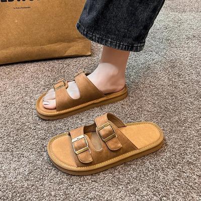 Распродажа модной женской обуви 2024 года, новые женские тапочки с открытым носком, летние римские ретро-пряжки, однотонные, плоские, повседневные, пляжные, удобные тапочки