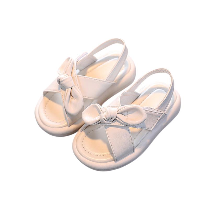 Летние сандалии для маленьких девочек, однотонные модные пляжные сандалии, детская обувь принцессы, мягкие сандалии на плоской подошве с бантом для маленьких девочек