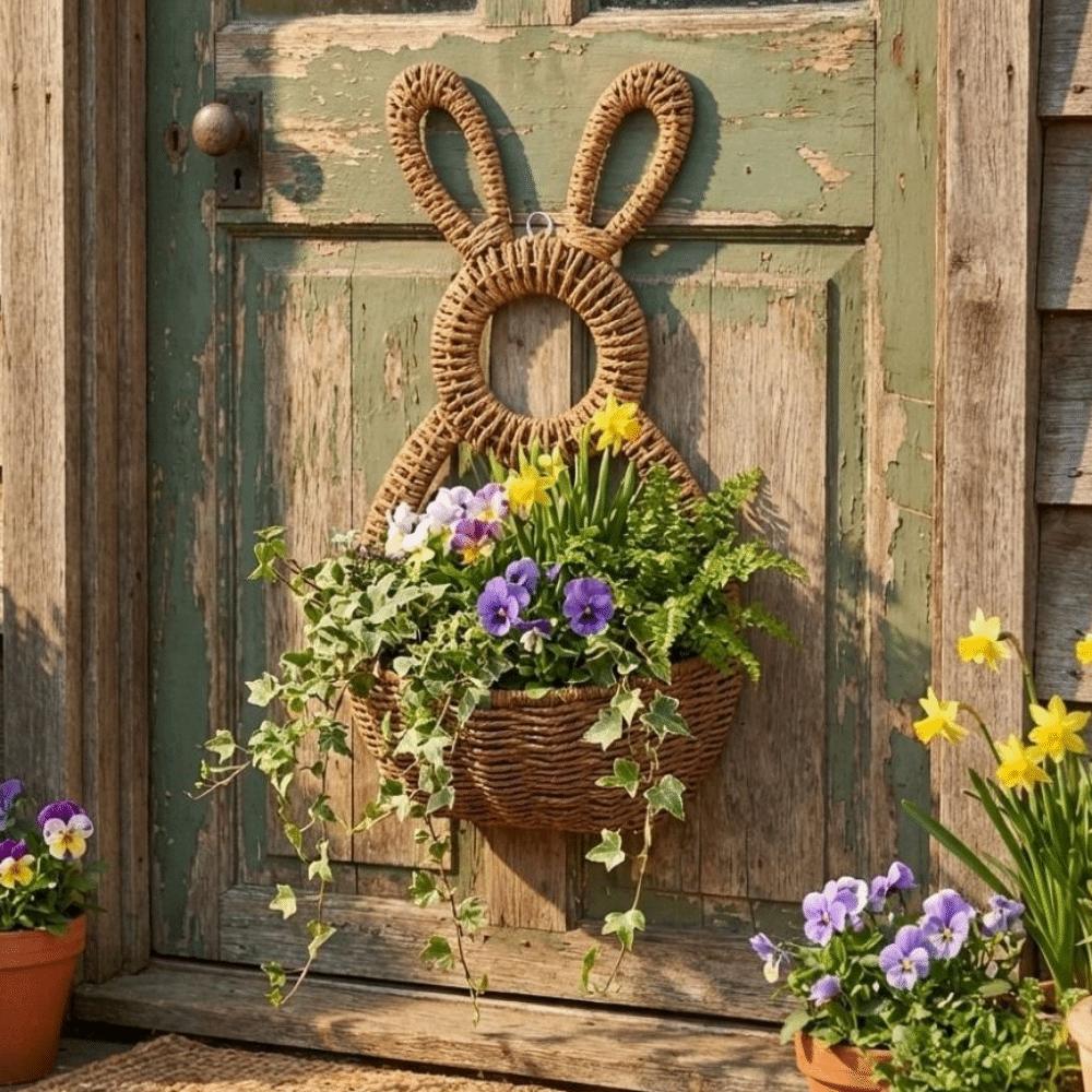 Hand Woven Bunny Flower Basket Handmade Bunny Basket Wreath Easter Bunny Basket  Wall Decoration