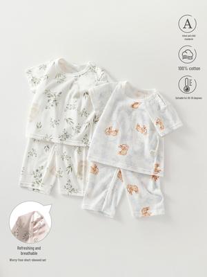 Летний хлопковый пижамный комплект: Короткий рукав, длинные брюки, легкий класс А для кондиционирования