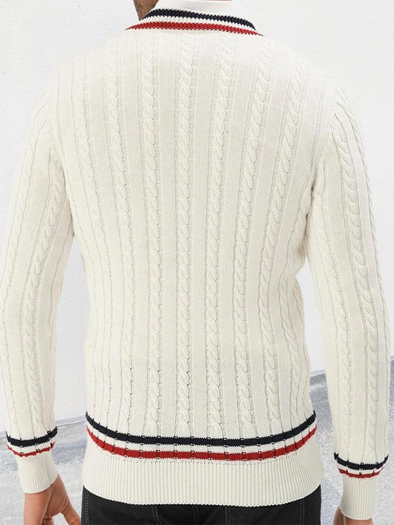 Мужской приталенный вязаный свитер с V-образным вырезом и цветовыми блоками - Осенне-зимний уличный стиль