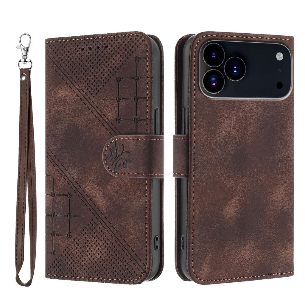 For iPhone 17 Pro Leather Wallet Case Butterfly Flower Imprinted Phone Cover with Strap