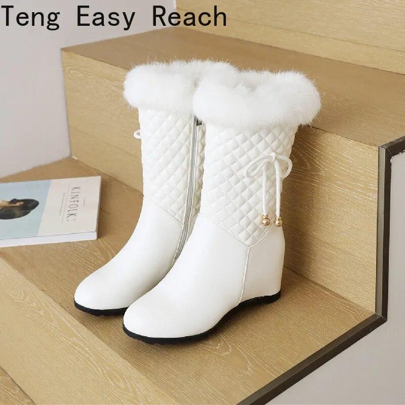 Winter White Real Hair Women'S Snow Boots Fashion Warm Plush Boots Ladies Round Toe Zip Slope Heel Snow Boots Size 33-43