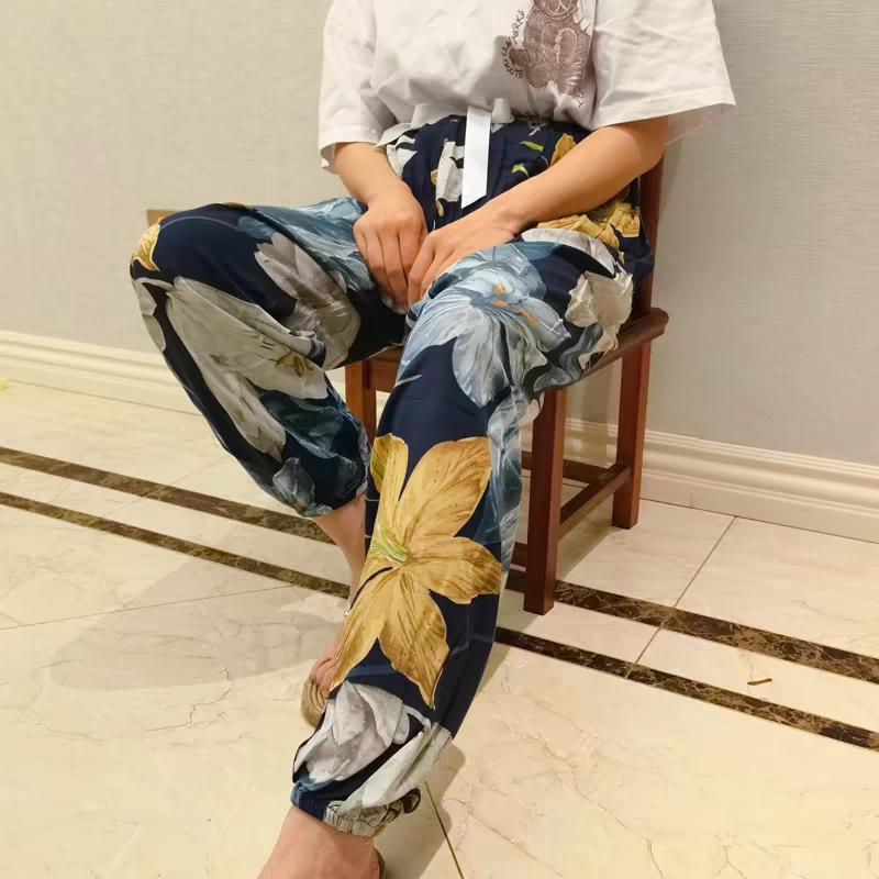 Women's Summer Cotton Silk Anti-Mosquito Loose Beach Bloomers Pajama Pants