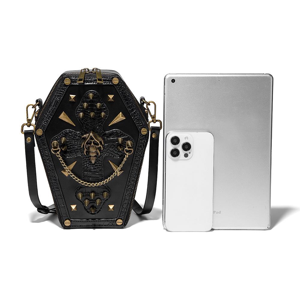Trendy Black Girl Crossbody Coffin Bag Europunk Unisex Biker Bag Fashion Skull Head Ladies Shoulder Bag Rivet Decoration Sewing