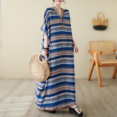 Хлопково-льняное повседневное пляжное платье с цветочным принтом и V-образным вырезом для женщин больших размеров