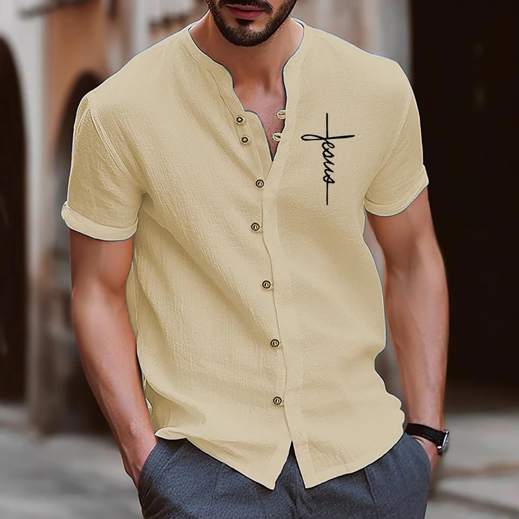 Cotton Blouse Beach Style Top Man Short Sleeved Stand Up Collar Letters Printed Retro Slim Fit Men's Casual Shirts