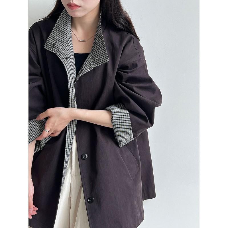 LUXI Plaid Patchwork Stand Collar Trench Coat Women Loose Fit Mid Length Outerwear