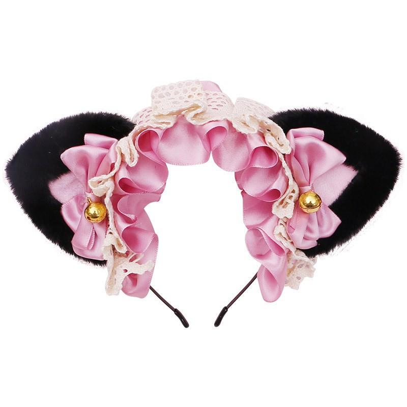 Cute Japanese Lolita Cat Ear Headband With Fluffy Faux Fur Lace Trim Girls Women Cosplay Party Accessory