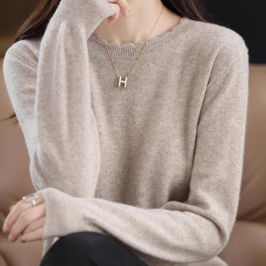 Женский повседневный кружевной свитер с круглым вырезом и длинными рукавами - мягкая вязка, коллекция осень/зима 2024 года