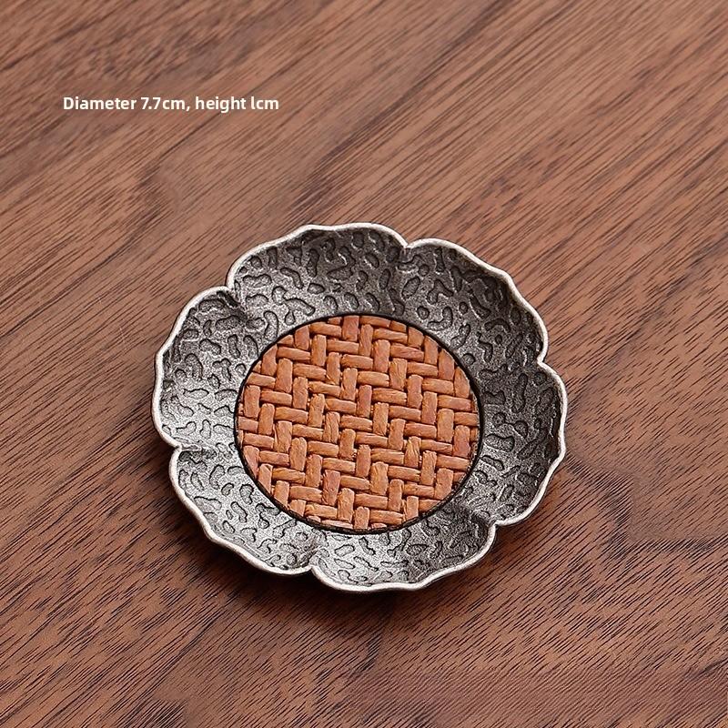 Антикварная подставка для чайной чашки из серебряного сплава, бамбуковая циновка, термоизолированная чайная чашка, подставка для чашки, чайное блюдце, аксессуары для чайного набора кунг-фу
