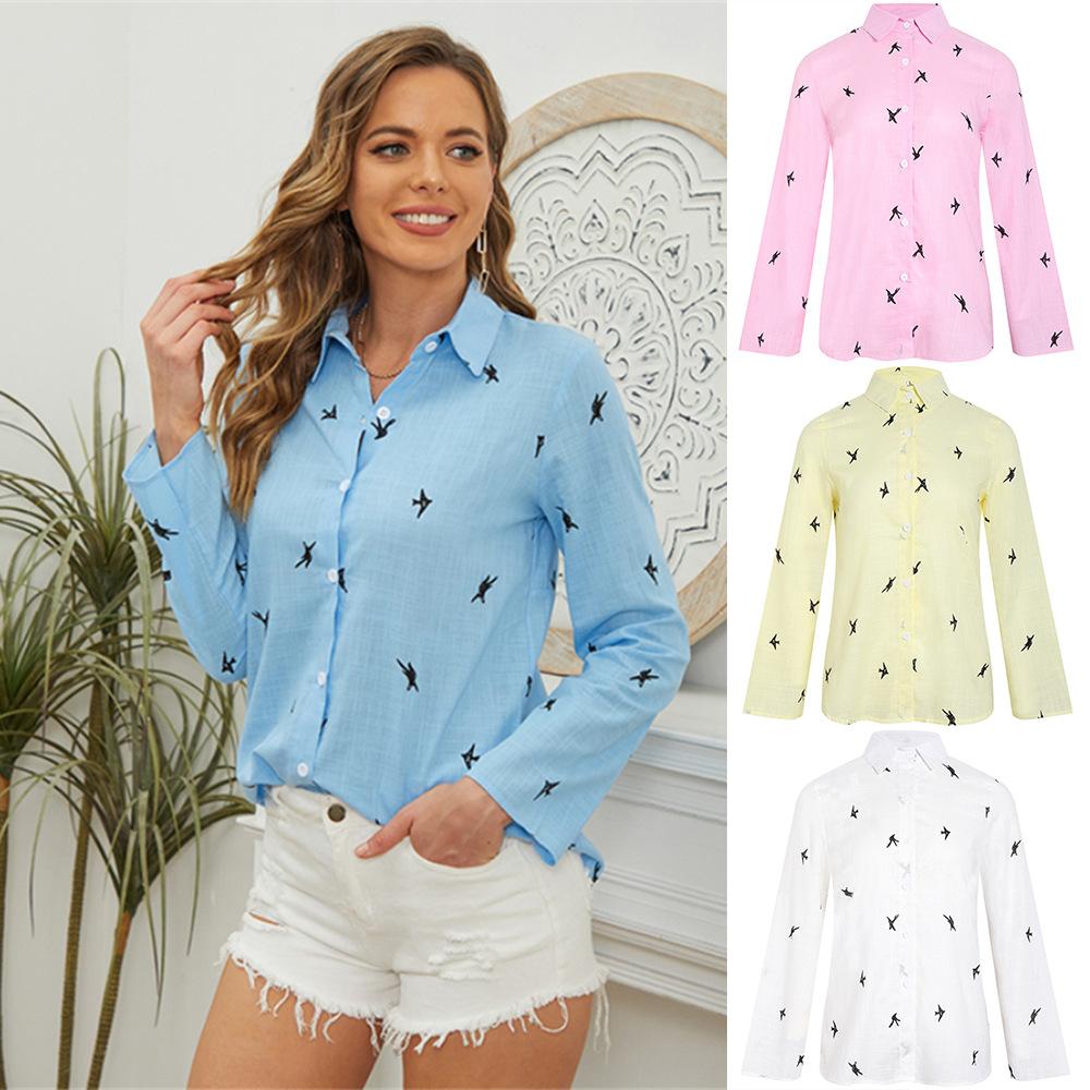 Весенне-осенние женские хлопковые льняные топы, рубашка на пуговицах с лацканами, большие размеры, свободные рубашки с длинными рукавами с принтом птиц
