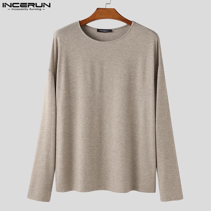 INCERUN Men Round Neck Long Sleeve Solid Color Comfy Thin Tops T-shirts