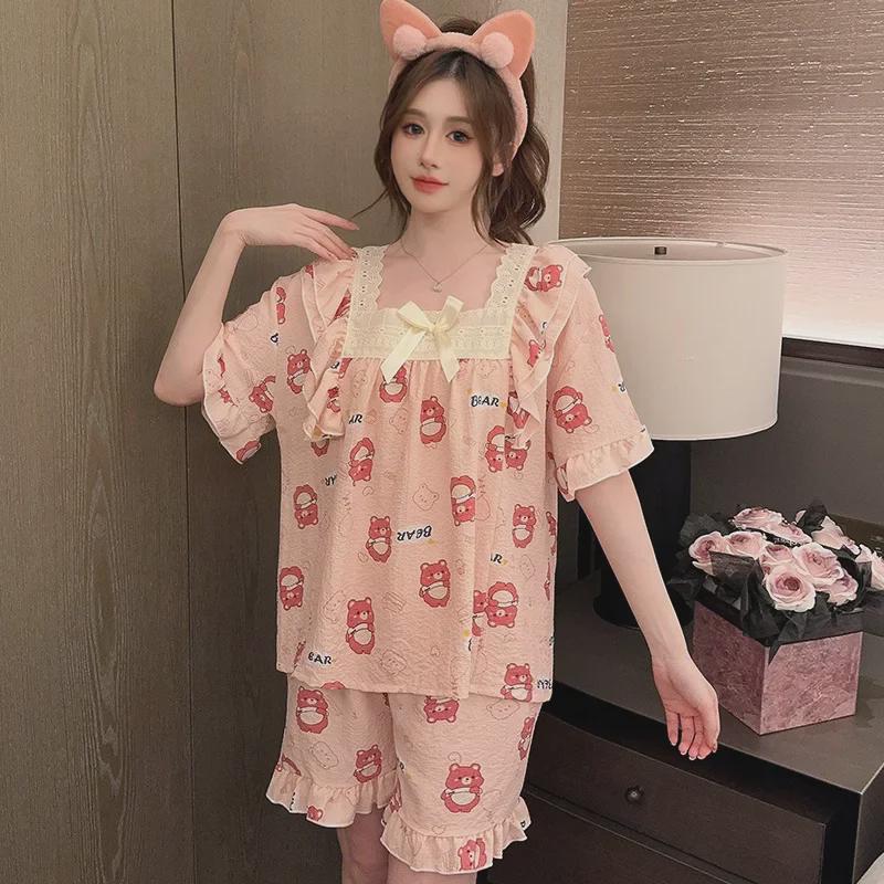 Plus Size Women's Bubble Cotton Summer Pajama Set: Short-Sleeved Top and Shorts, Fits Up To 200 Pounds